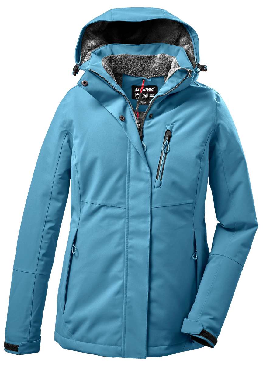 Killtec Ladies Functional Insulated Jacket 2022 - A blue jacket with a hood, featuring a zipper and two pockets on either side.