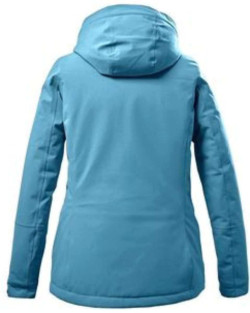 Killtec Ladies Functional Insulated Jacket 2022 - A light blue jacket with a hood, featuring two zippered pockets on the front and a zipper closure at the top.