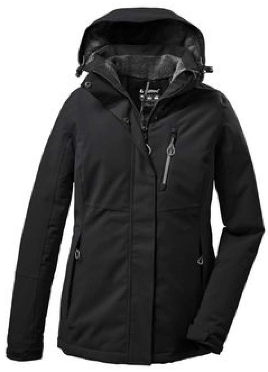Killtec Ladies Functional Insulated Jacket 2022 - A black jacket with a hood, featuring two zippered pockets on either side and a central zipper down the front.