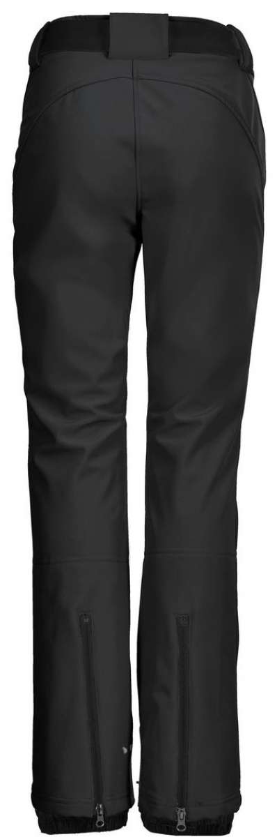 Killtec Women's Jilia Soft Shell Pant - Black pants with a subtle sheen, featuring zippered pockets and an adjustable waistband.