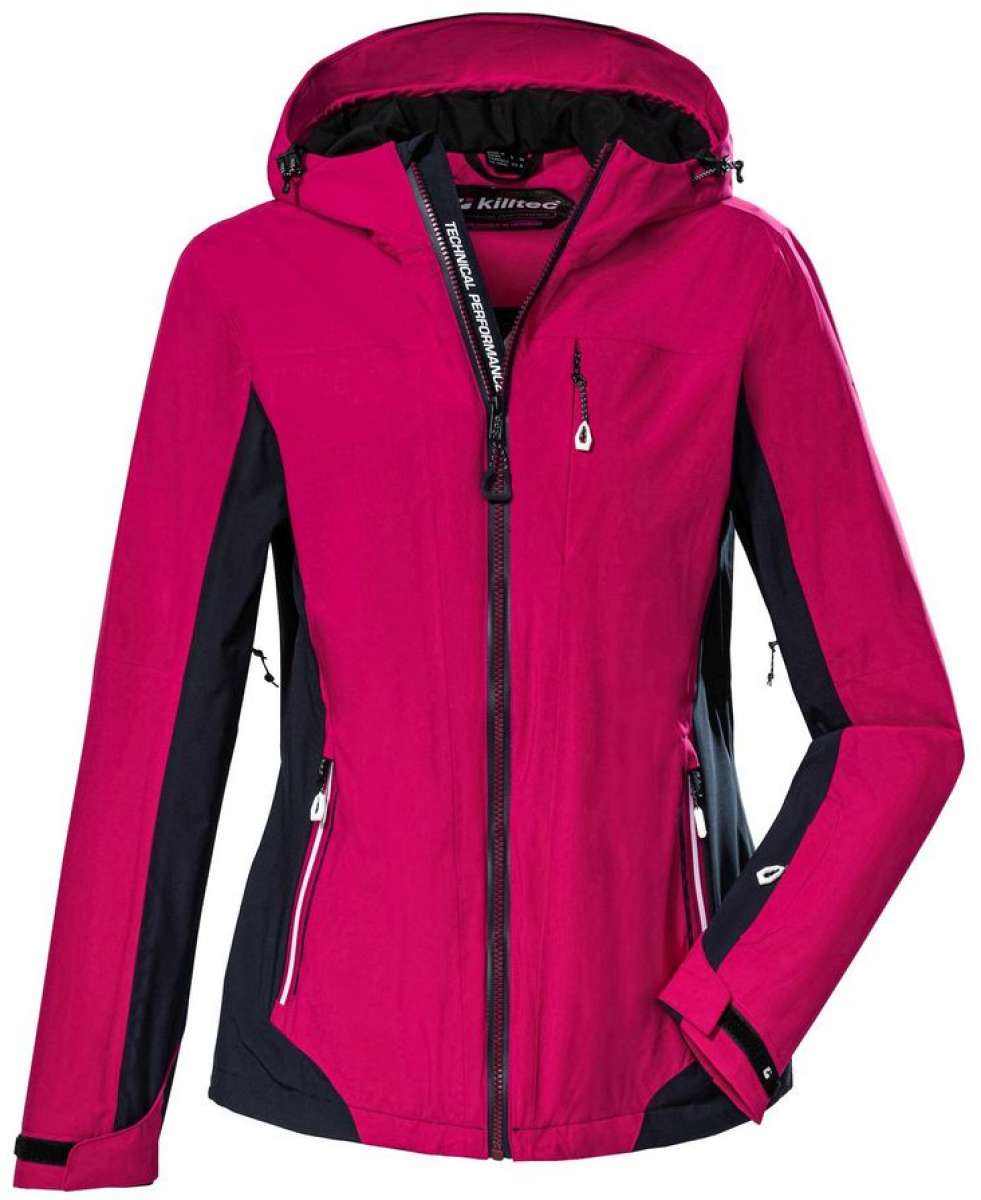 Killtec Women's KOW 104 Insulated 2 Tone Jacket 2023 - A pink and black jacket with a hood, featuring two-tone color scheme and zippered pockets.