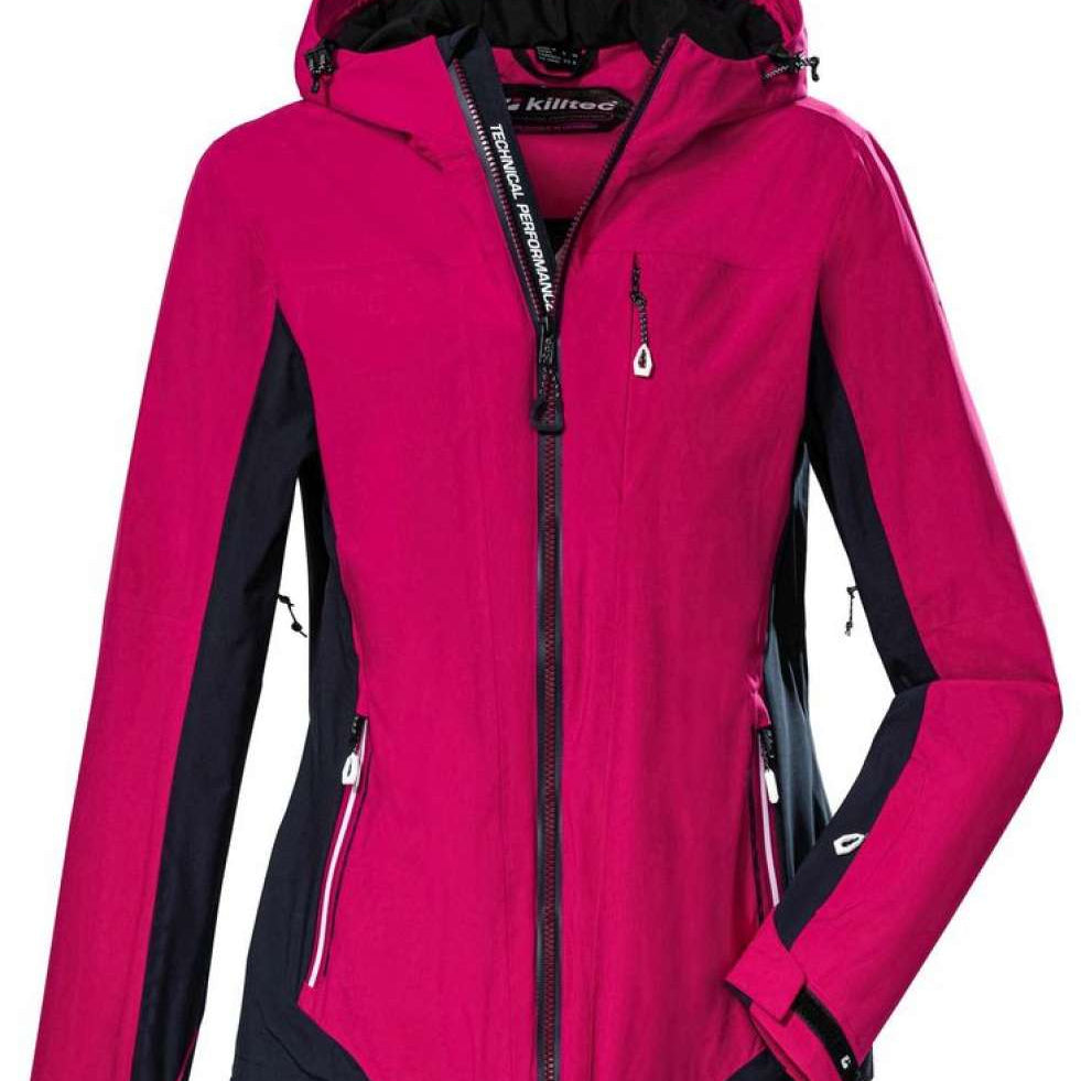 Killtec Women's KOW 104 Insulated 2 Tone Jacket 2023 - A pink and black jacket with a hood, featuring two-tone color scheme and zippered pockets.