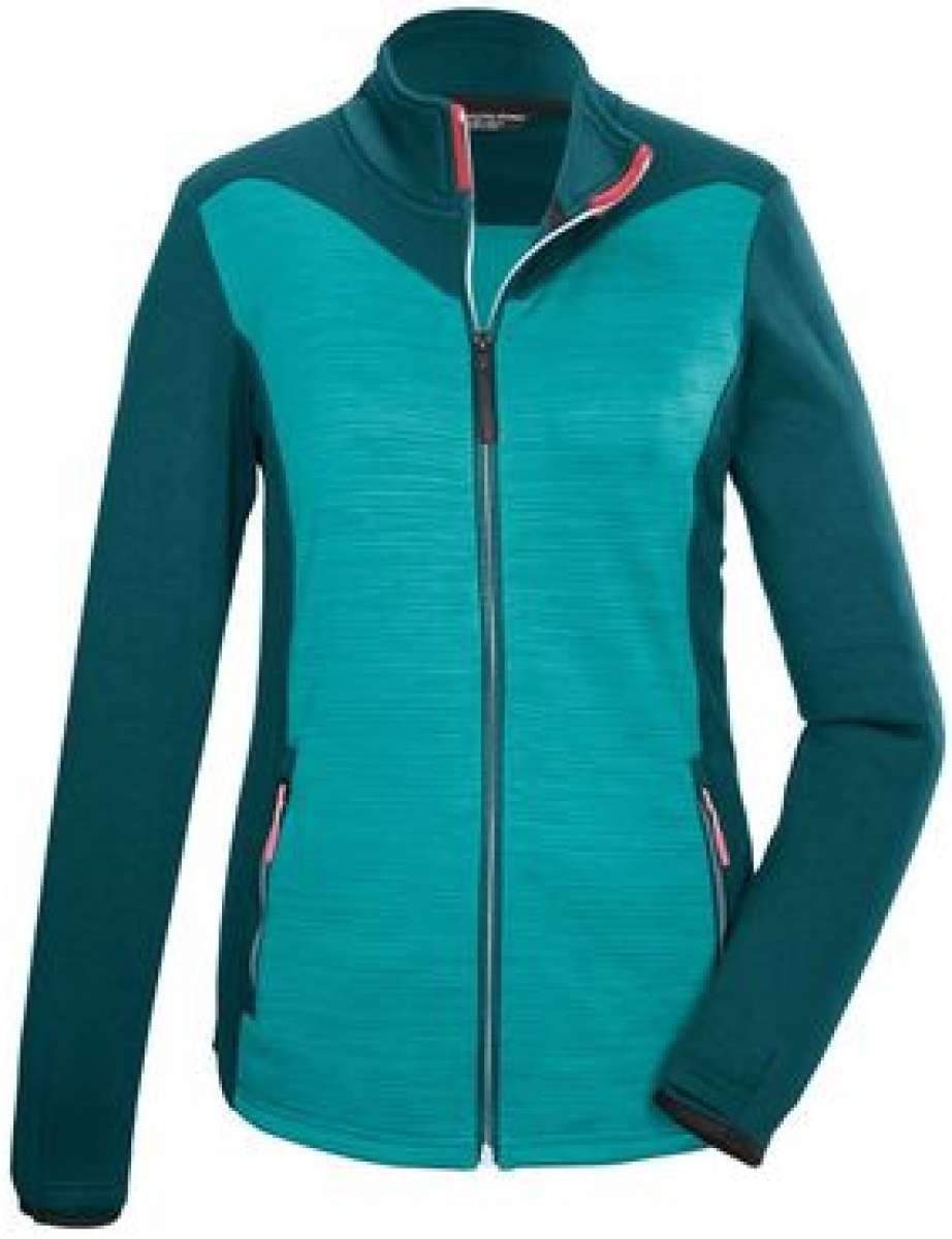 Killtec Ladies KOW 28 Flex Jacket 2024 - A dark green jacket with a zippered front and two side pockets, featuring a textured pattern on the shoulders and upper back.