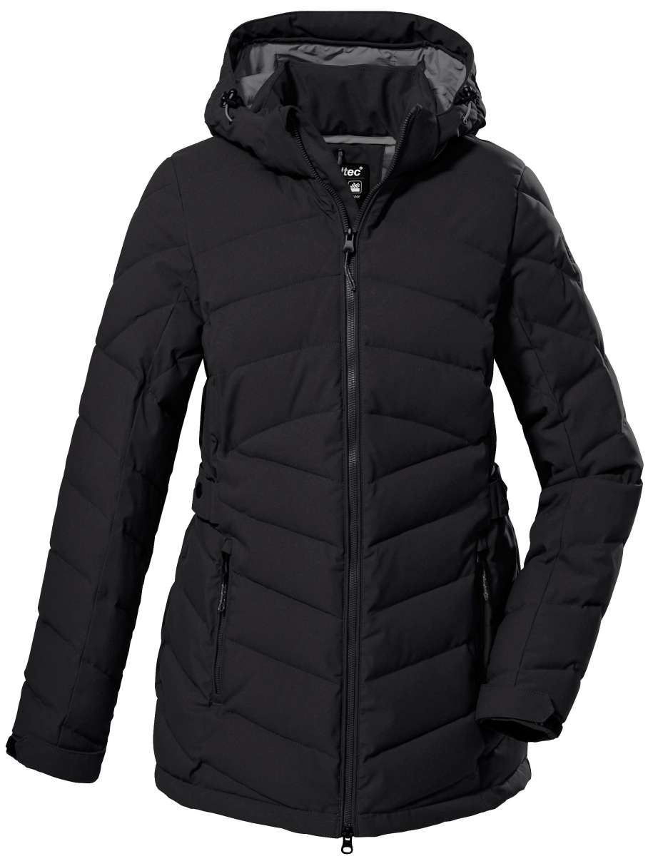 Killtec Women's KOW 61 Quilted Jacket - A black quilted jacket with a hood, featuring diagonal quilting on the torso and sleeves.