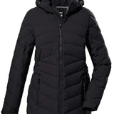 Killtec Women's KOW 61 Quilted Jacket - A black quilted jacket with a hood, featuring diagonal quilting on the torso and sleeves.
