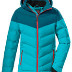 Killtec Girls KSW157 Quilted Jacket 2022-2023 - A quilted jacket with a hood, featuring a predominantly blue color scheme and a subtle pattern on the sleeves.