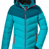 Killtec Girls KSW157 Quilted Jacket 2022-2023 - A quilted jacket with a hood, featuring a predominantly blue color scheme and a subtle pattern on the sleeves.