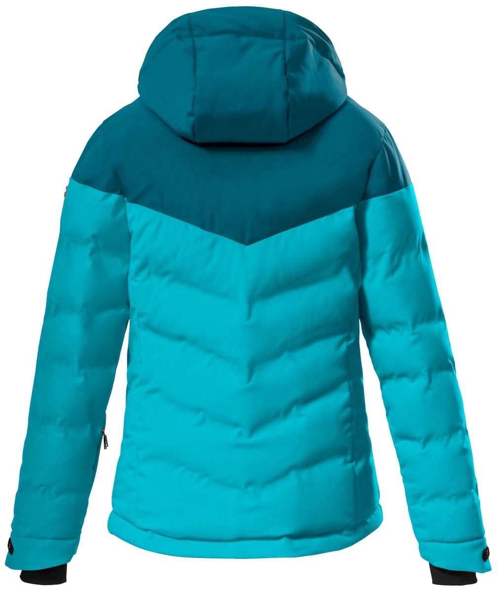 Killtec Girls KSW157 Quilted Jacket 2022-2023 - A quilted jacket with a hood, featuring a predominantly dark teal color scheme and light teal accents on the sleeves.