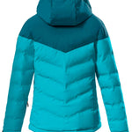 Killtec Girls KSW157 Quilted Jacket 2022-2023 - A quilted jacket with a hood, featuring a predominantly dark teal color scheme and light teal accents on the sleeves.