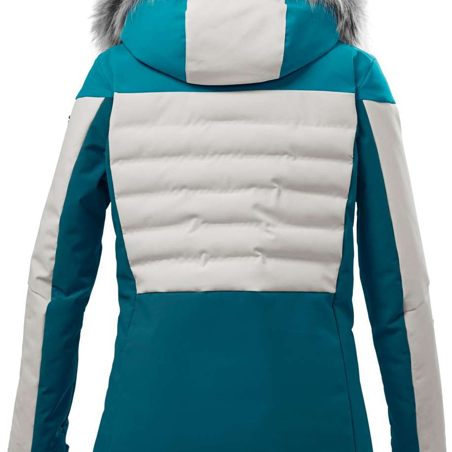 Killtec Ladies KSW254 Insulated Faux Fur Hood Jacket 2022-2023 - A teal and white jacket with a faux fur hood, featuring a horizontal stripe pattern on the back.