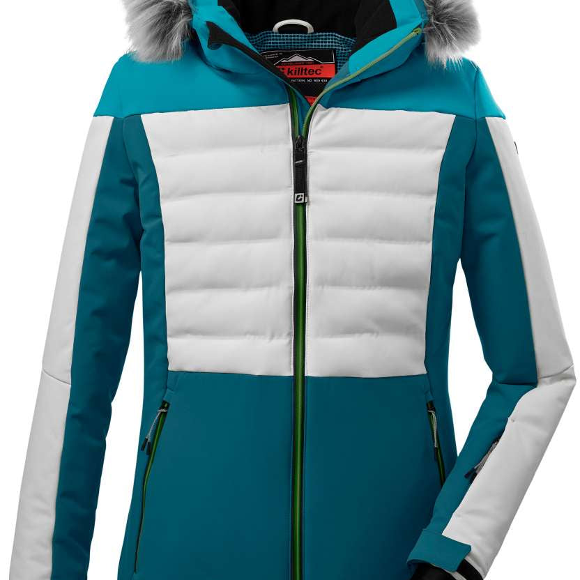 Killtec Ladies KSW254 Insulated Faux Fur Hood Jacket 2022-2023 - A blue and white jacket with a faux fur hood trim.
