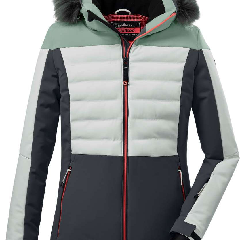 Killtec Ladies KSW254 Insulated Faux Fur Hood Jacket 2022-2023 - A black faux fur-lined hooded jacket with a zippered front and two side pockets.