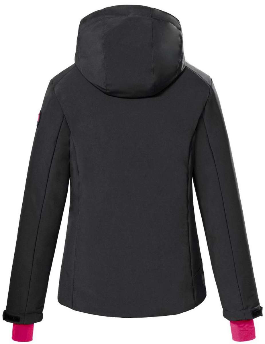 Killtec Women's KSW 112 Quilted Jacket 2022-2023 - A black quilted jacket with a hood, featuring pink accents on the sleeves and zipper.