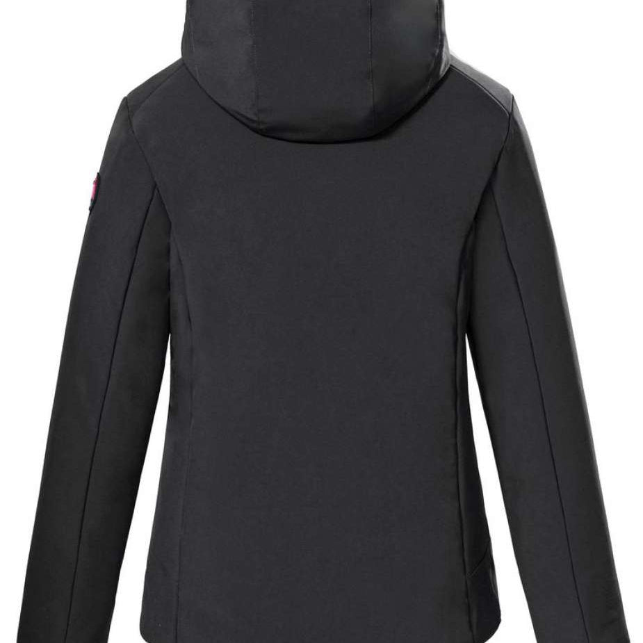 Killtec Women's KSW 112 Quilted Jacket 2022-2023 - A black quilted jacket with a hood, featuring pink accents on the sleeves and zipper.