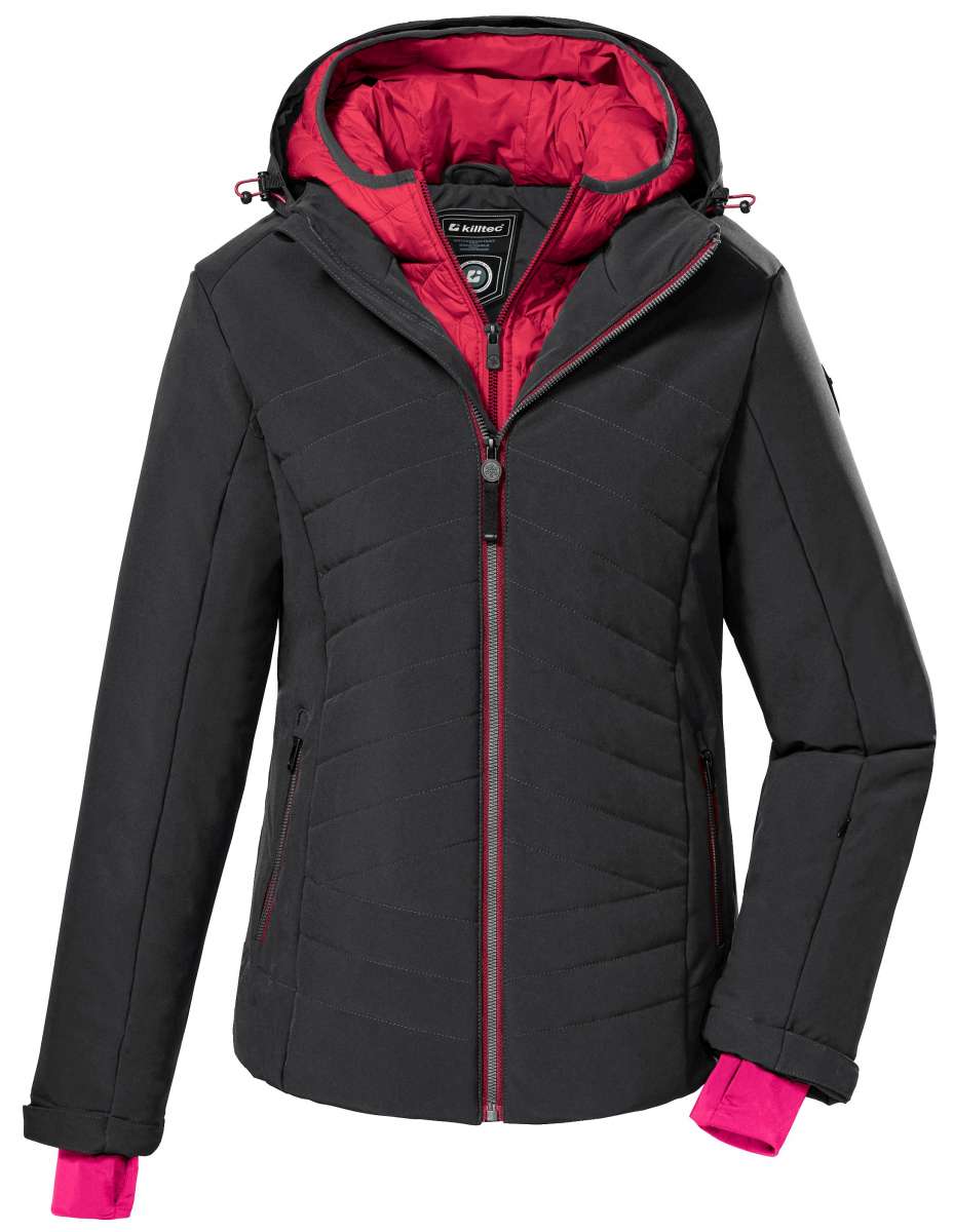 Killtec Women's KSW 112 Quilted Jacket 2022-2023 - A quilted jacket with a hood, featuring a black exterior and red interior.