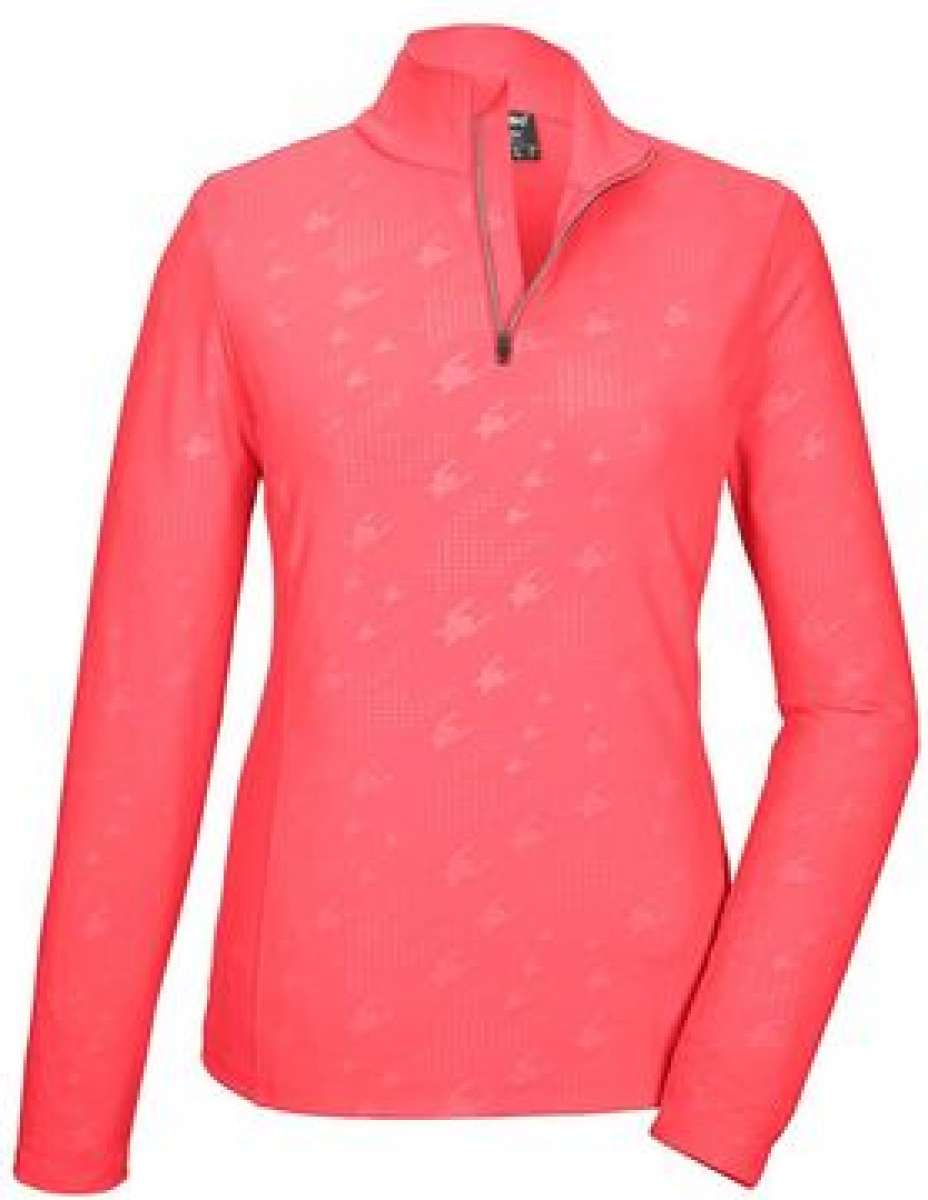 Killtec Ladies KSW 54 Quarter Zip Top 2024 - A coral-colored quarter-zip top with a subtle white pattern of diagonal stripes and small, scattered snowflakes.