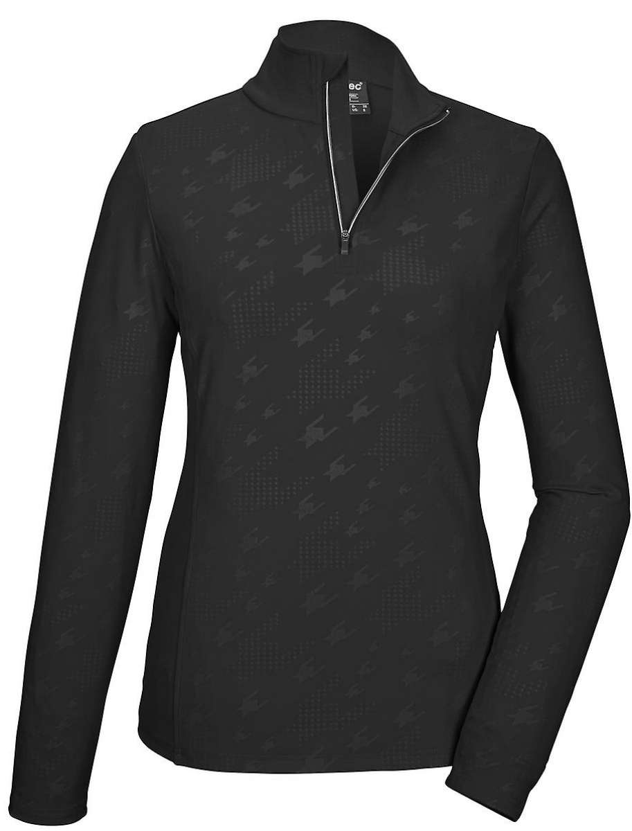 Killtec Ladies KSW 54 Quarter Zip Top 2024 - A black quarter-zip top with a subtle pattern of diagonal lines and small dots, featuring a silver zipper pull on the front.