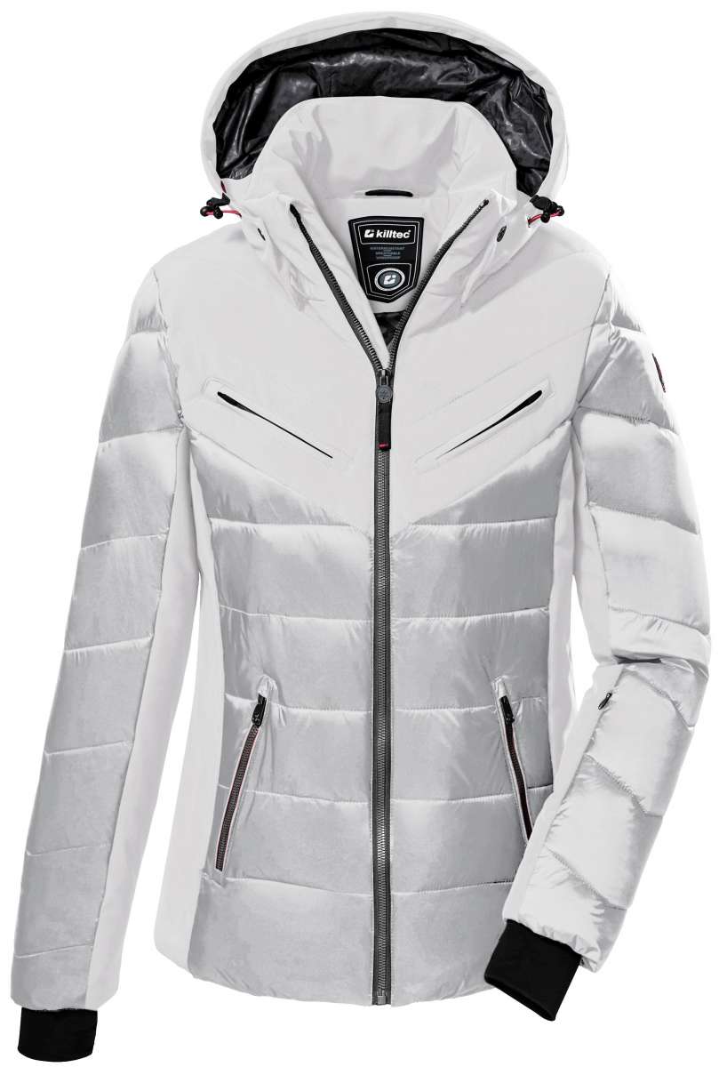 Killtec Women's KSW 76 Quilted Jacket 2022-2023 - A white quilted jacket with a hood, featuring black zippers and accents.