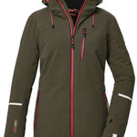 Killtec Ladies KSW 81 Insulated Jacket 2024 - A dark green jacket with a hood, featuring red accents on the zipper and trim.