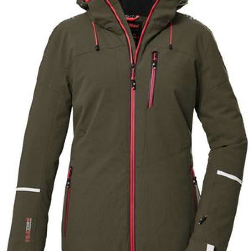 Killtec Ladies KSW 81 Insulated Jacket 2024 - A dark green jacket with a hood, featuring red accents on the zipper and trim.