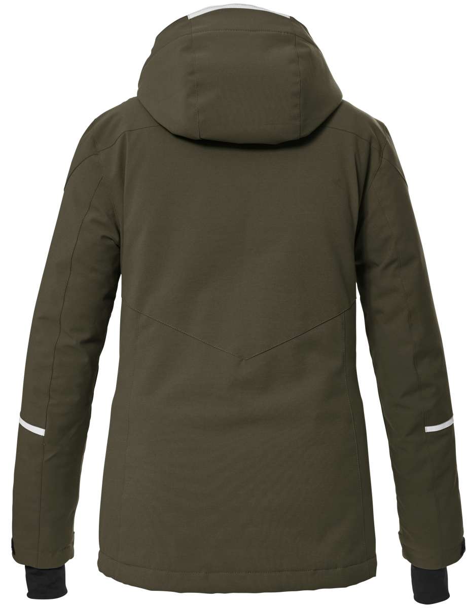 Killtec Ladies KSW 81 Insulated Jacket 2024 - A dark green jacket with a hood, featuring white accents on the shoulders and chest.