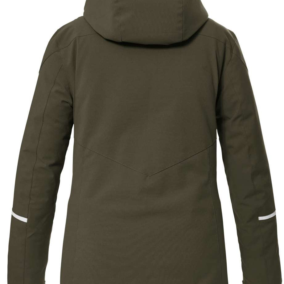 Killtec Ladies KSW 81 Insulated Jacket 2024 - A dark green jacket with a hood, featuring white accents on the shoulders and chest.