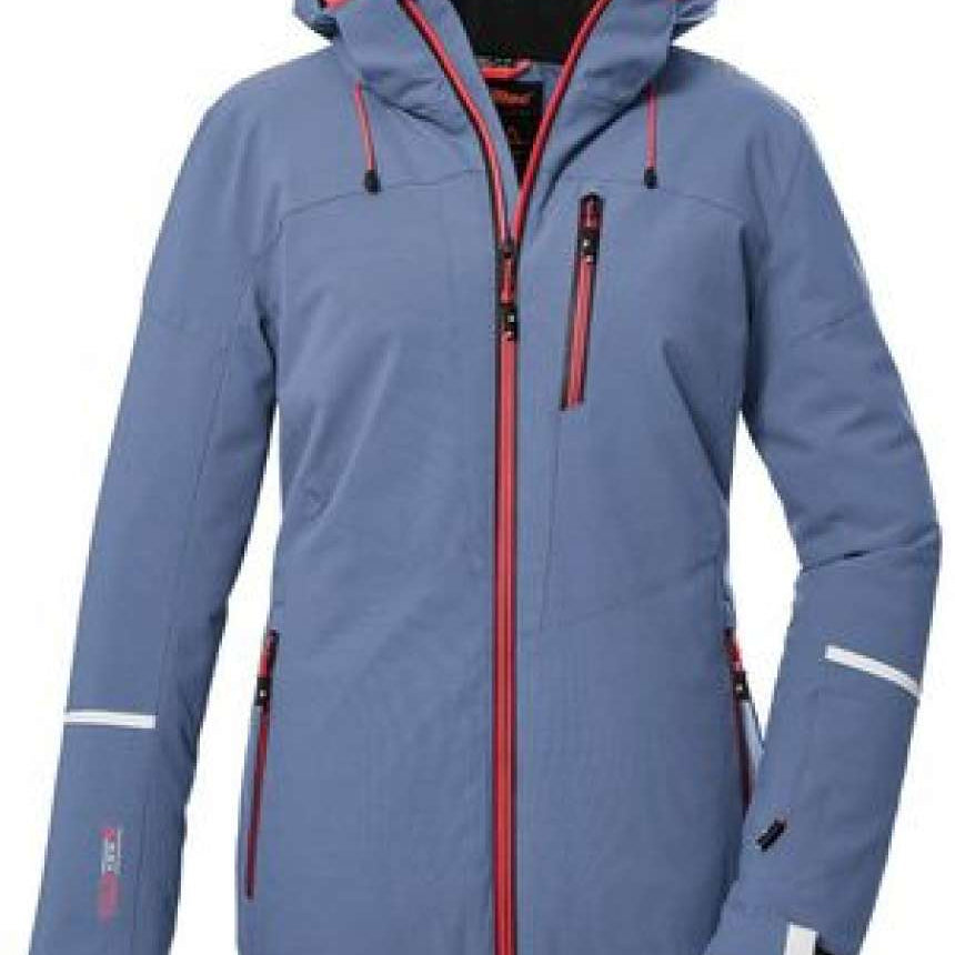 Killtec Ladies KSW 81 Insulated Jacket 2024 - A blue jacket with a hood, featuring red zippers and black accents on the pockets.