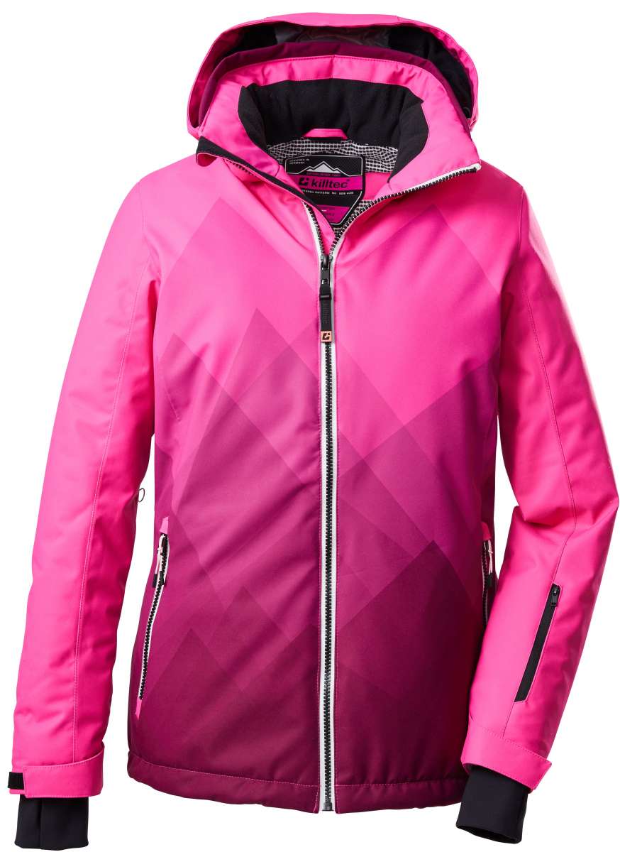 Killtec Women's KSW 82 Peak Insulated Jacket 2022-2023 - A pink ski jacket with a hood, featuring a diamond pattern on the front and black accents around the wrists.