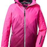 Killtec Women's KSW 82 Peak Insulated Jacket 2022-2023 - A pink ski jacket with a hood, featuring a diamond pattern on the front and black accents around the wrists.