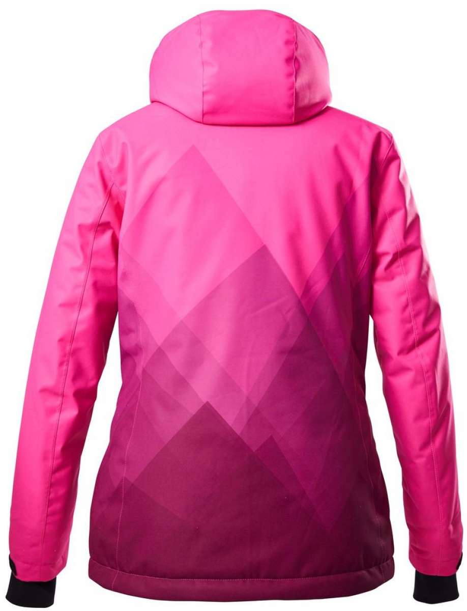 Killtec Women's KSW 82 Peak Insulated Jacket 2022-2023 - A pink ski jacket with a diamond pattern on the back and black cuffs at the wrists.