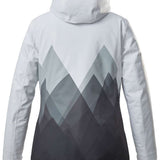 Killtec Women's KSW 82 Peak Insulated Jacket 2022-2023 - A white jacket with a geometric mountain design on the back, featuring various shades of gray peaks and a solid white top.
