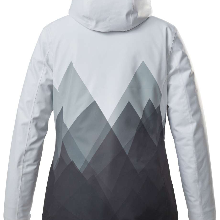 Killtec Women's KSW 82 Peak Insulated Jacket 2022-2023 - A white jacket with a geometric mountain design on the back, featuring various shades of gray peaks and a solid white top.