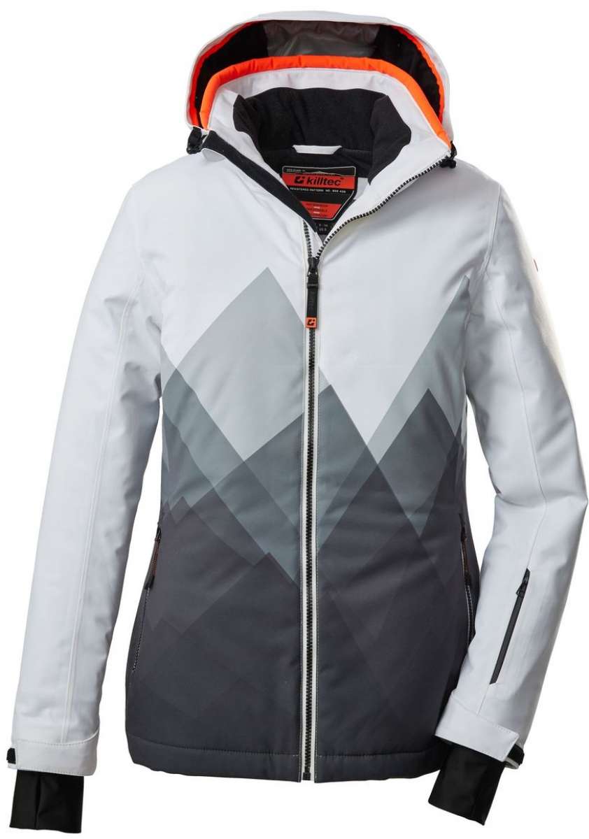 Killtec Women's KSW 82 Peak Insulated Jacket 2022-2023 - A white jacket with a black zipper and two zippered pockets on either side, featuring a geometric pattern of gray triangles across the chest.