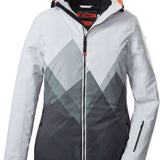 Killtec Women's KSW 82 Peak Insulated Jacket 2022-2023 - A white jacket with a black zipper and two zippered pockets on either side, featuring a geometric pattern of gray triangles across the chest.