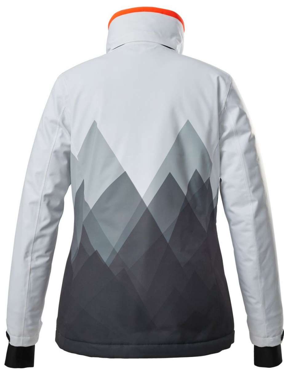 Killtec Women's KSW 82 Peak Insulated Jacket 2022-2023 - A white jacket with a high collar and orange trim around it, featuring a geometric mountain design on the back.