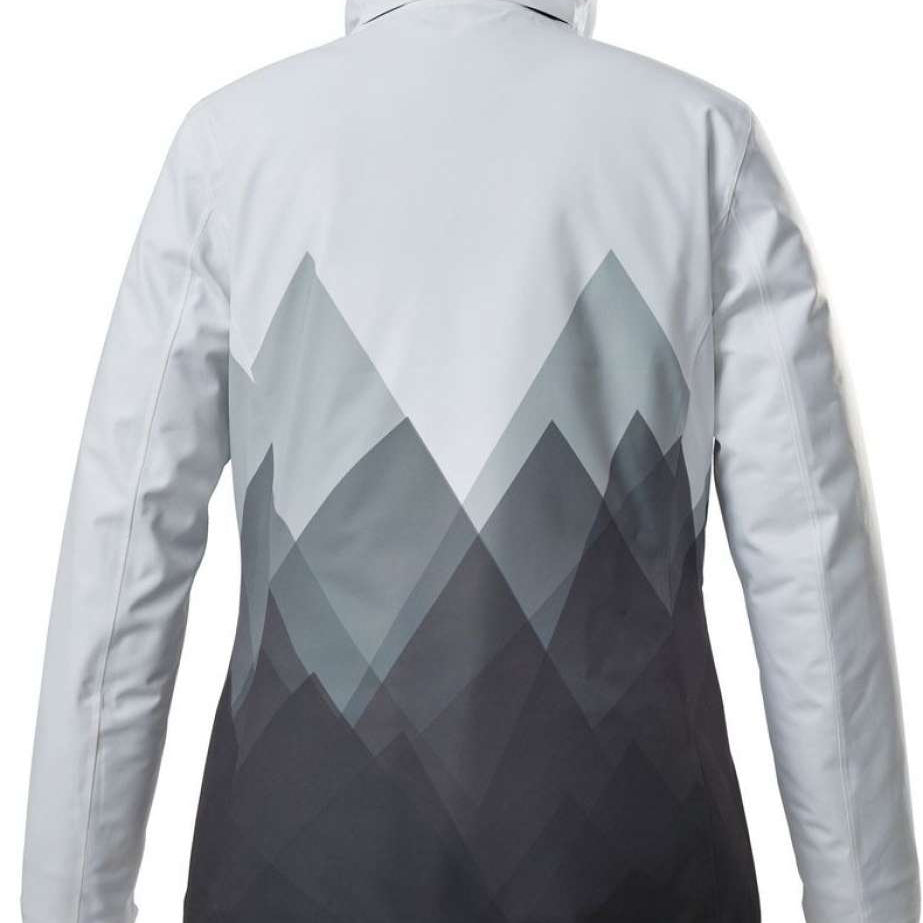 Killtec Women's KSW 82 Peak Insulated Jacket 2022-2023 - A white jacket with a high collar and orange trim around it, featuring a geometric mountain design on the back.