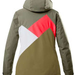 Killtec Ladies KSW 83 Peak Insulated Jacket 2024 - A green jacket with a diagonal white and red stripe on the back, featuring an image of a woman wearing it while skiing down a snowy slope.