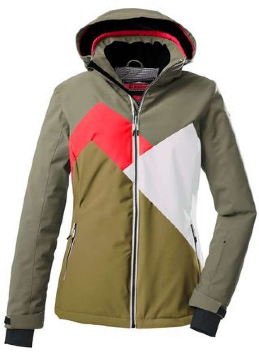 Killtec Ladies KSW 83 Peak Insulated Jacket 2024 - A green jacket with a red zipper and two zippered pockets on either side.