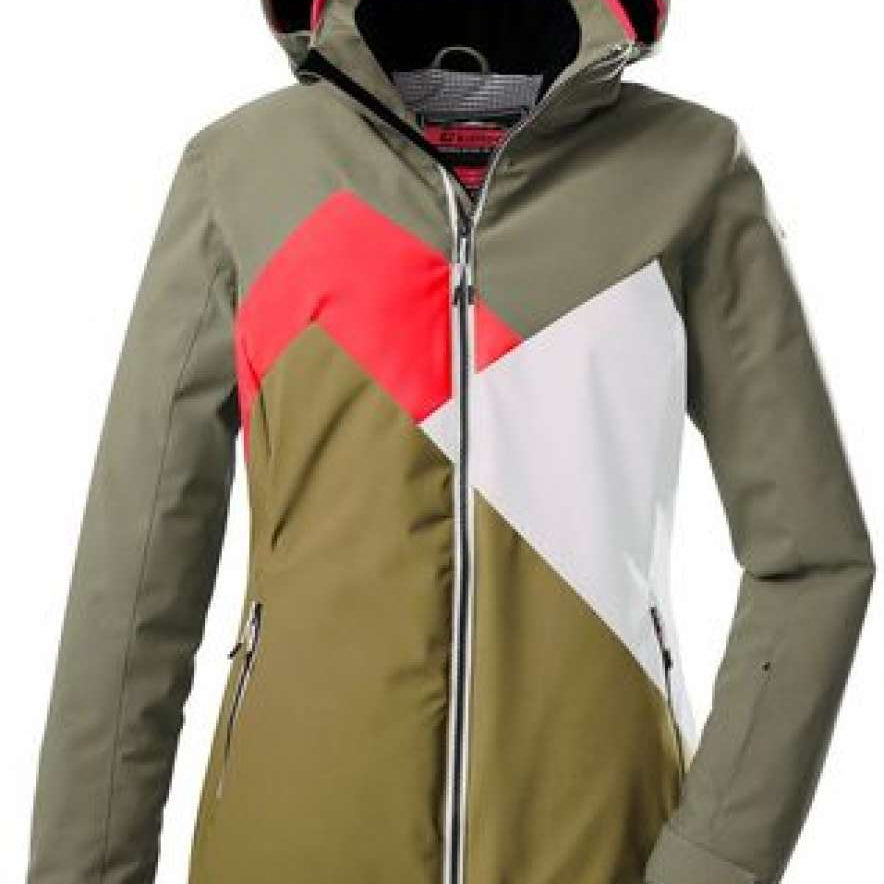 Killtec Ladies KSW 83 Peak Insulated Jacket 2024 - A green jacket with a red zipper and two zippered pockets on either side.