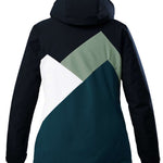 Killtec Ladies KSW 83 Peak Insulated Jacket 2024 - A black jacket with a diagonal white stripe on the chest and a green stripe above it.