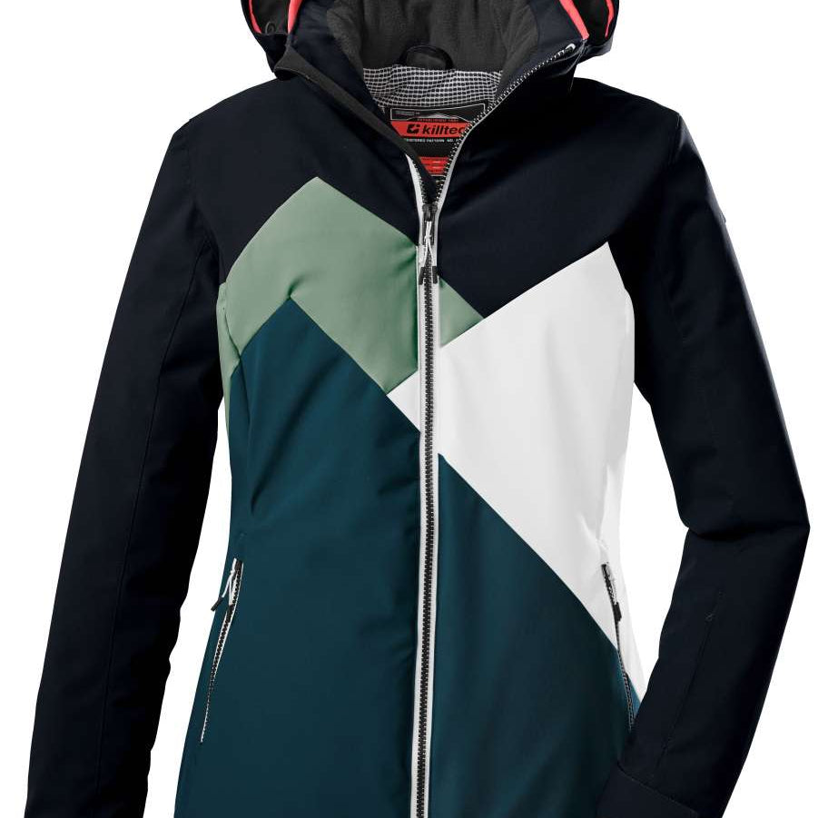 Killtec Ladies KSW 83 Peak Insulated Jacket 2024 - A black jacket with a green and white diagonal chevron pattern on the chest area.