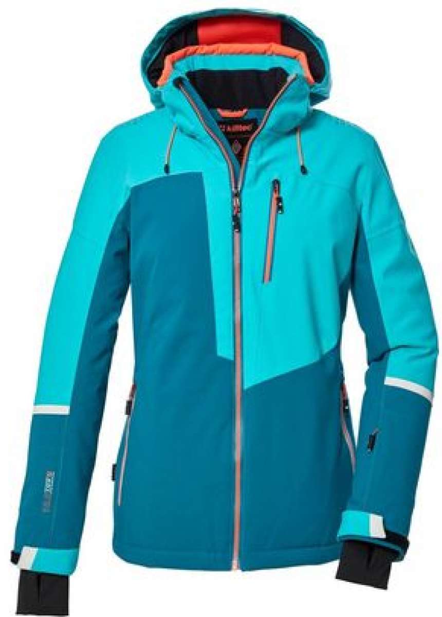 Killtec Ladies KSW 84 Insulated Jacket 2024 - A blue and white jacket with a hood, featuring two zippered pockets on the front.