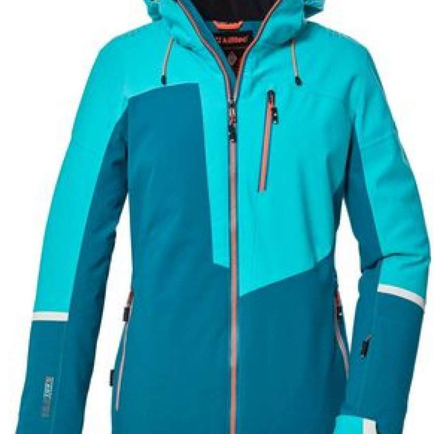 Killtec Ladies KSW 84 Insulated Jacket 2024 - A blue and white jacket with a hood, featuring two zippered pockets on the front.