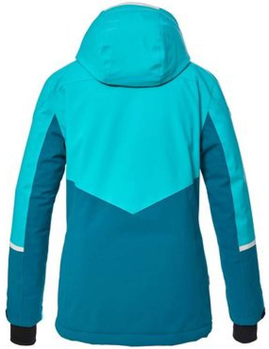 Killtec Ladies KSW 84 Insulated Jacket 2024 - A teal and light blue jacket with a hood, featuring white accents on the shoulders and chest.