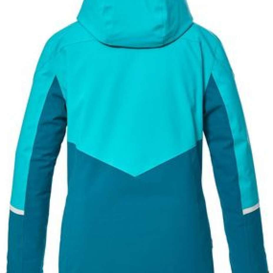 Killtec Ladies KSW 84 Insulated Jacket 2024 - A teal and light blue jacket with a hood, featuring white accents on the shoulders and chest.