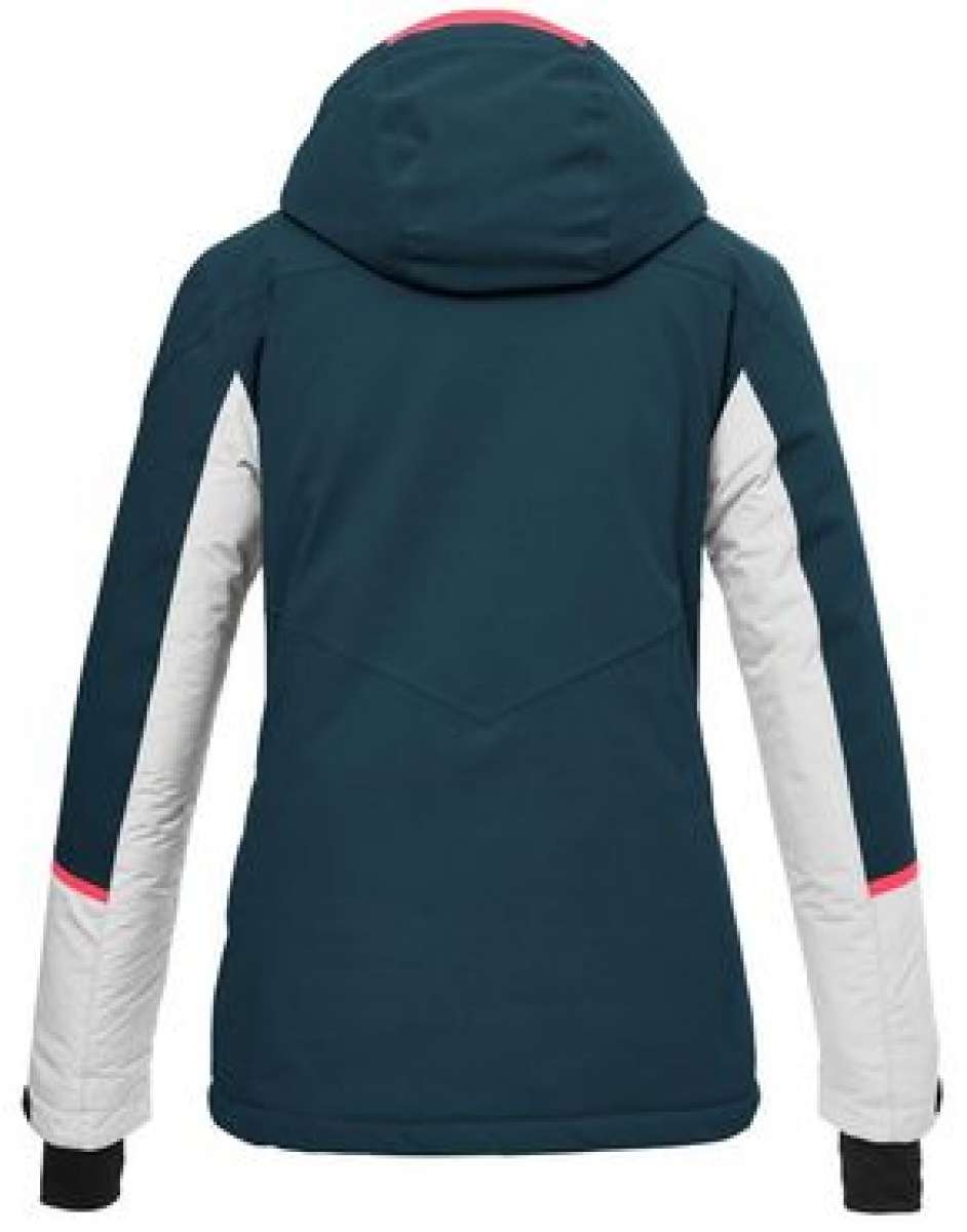 Killtec Ladies KSW 87 Insulated Jacket 2024 - A dark green jacket with a hood, featuring white accents on the sleeves and pink trim along the hood's edge.