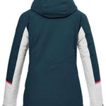 Killtec Ladies KSW 87 Insulated Jacket 2024 - A dark green jacket with a hood, featuring white accents on the sleeves and pink trim along the hood's edge.