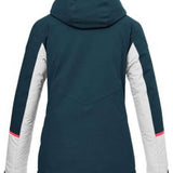 Killtec Ladies KSW 87 Insulated Jacket 2024 - A dark green jacket with a hood, featuring white accents on the sleeves and pink trim along the hood's edge.
