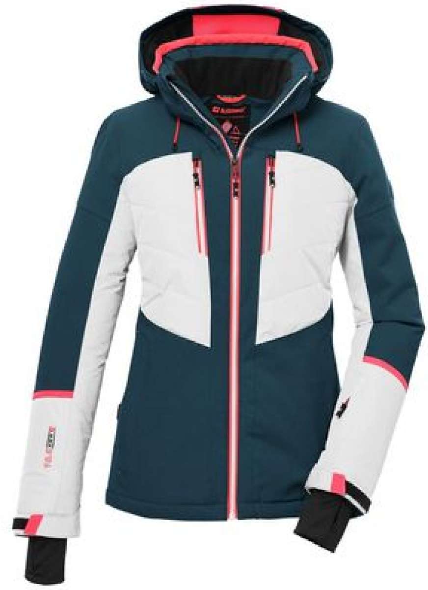Killtec Ladies KSW 87 Insulated Jacket 2024 - A navy blue and white insulated jacket with a hood, featuring two zippered pockets on the front.