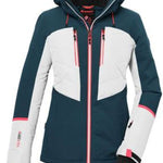 Killtec Ladies KSW 87 Insulated Jacket 2024 - A navy blue and white insulated jacket with a hood, featuring two zippered pockets on the front.